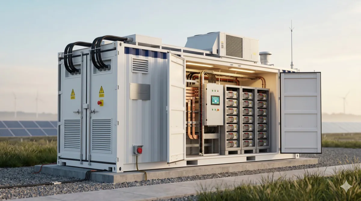 Contêiner de sistema de armazenamento em baterias (BESS) instalado ao lado de uma usina solar.