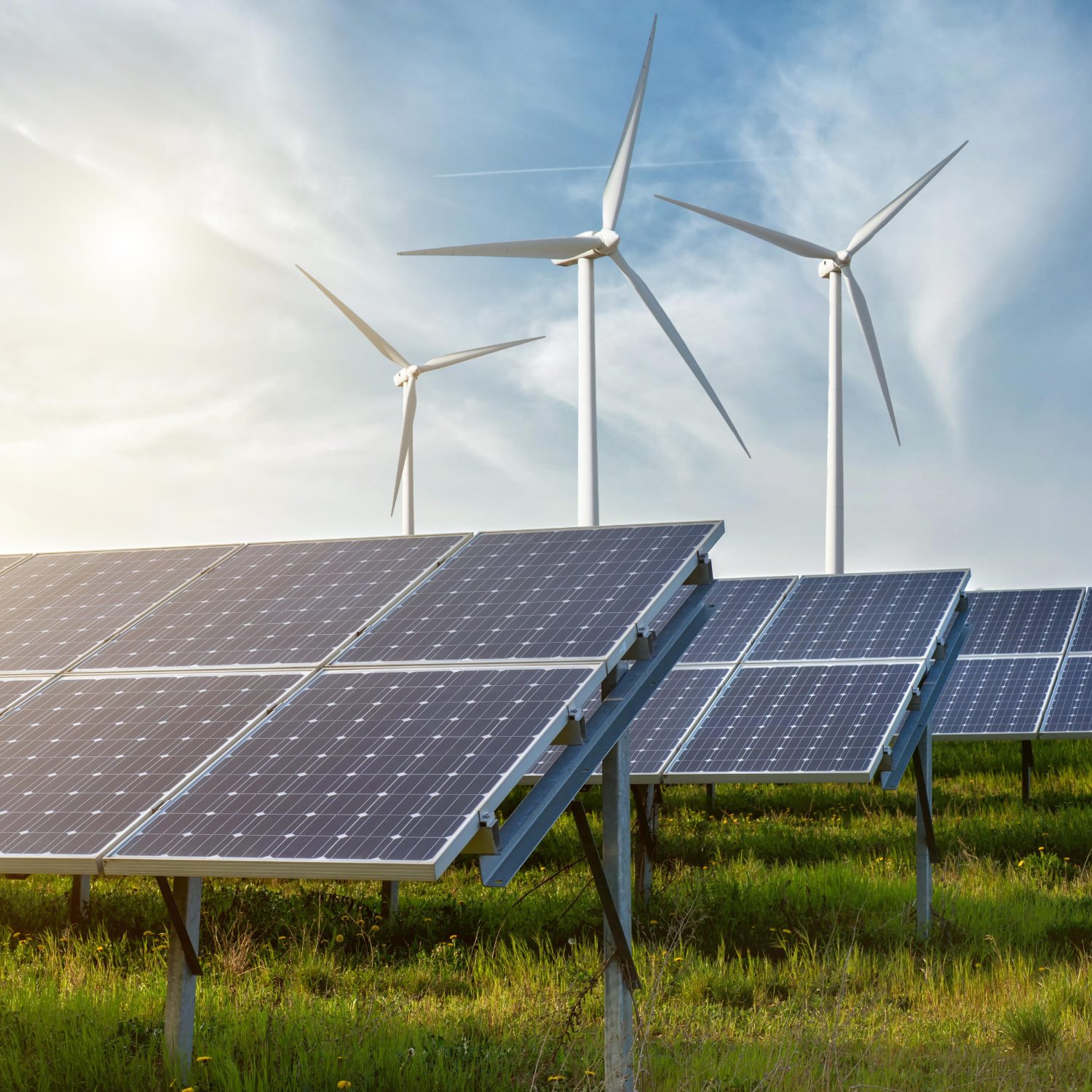Usina com módulos fotovoltaicos e turbinas eólicas em operação.