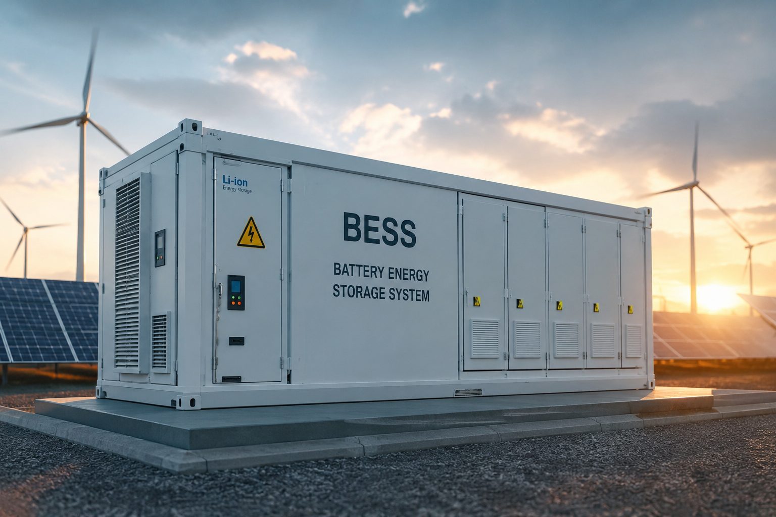 Contêiner de sistema de armazenamento em baterias (BESS) instalado ao lado de painéis solares e turbinas eólicas.