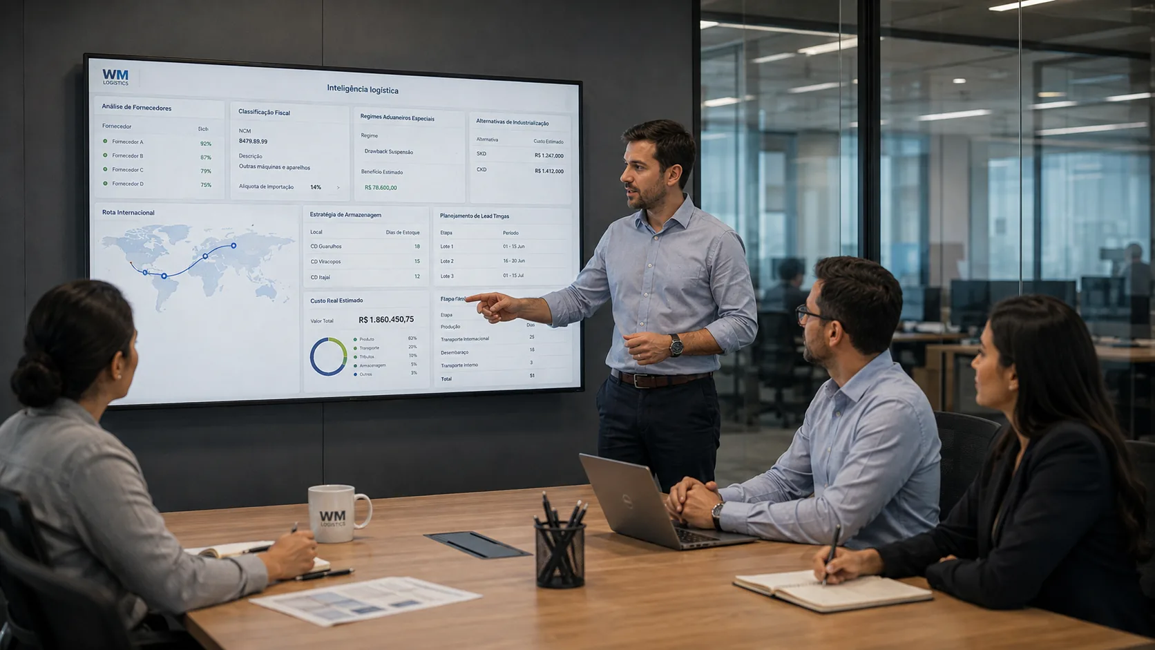 Executivo apresenta painel de inteligência logística da WM Logistics em reunião com a equipe.